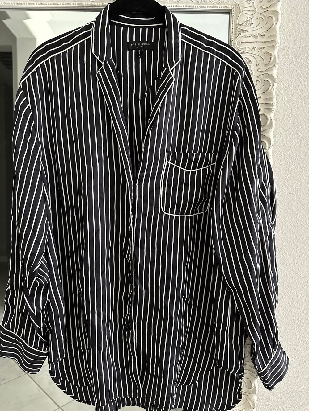 rag & bone Hahn Silk Black and White Vertical Stripe Button-Down Shirt